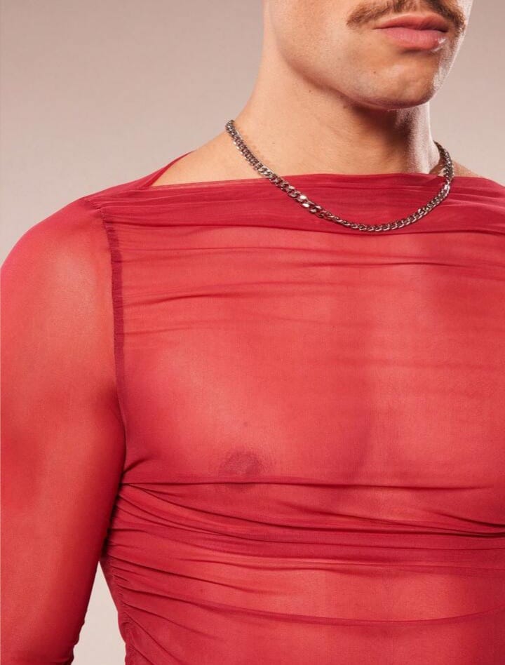 Men's Sheer Mesh V-Neck Slim Fit Cropped Tshirt